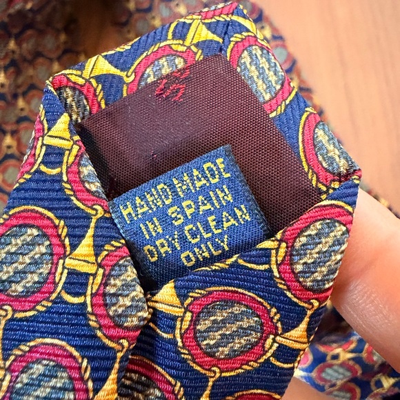 Bullock & Jones Handmade Spain Silk Medallion Tie Navy Red Gold 57” - Picture 8 of 13